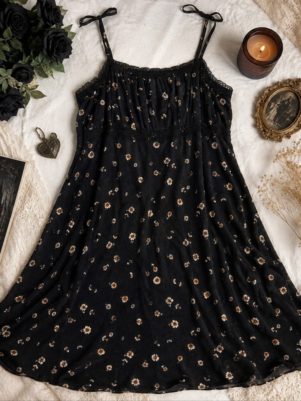 Art Class Black Daisy Floral Rayon Whimsy Goth Fairycore Dress XL